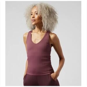 Athleta Aurora V-Neck Ribbed Tank Top L Pink Tawny Rose Running Yoga Athleisure
